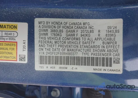2024 Honda Civic Sport from USA, damaged, VIN 2HGFE2F55RH583377